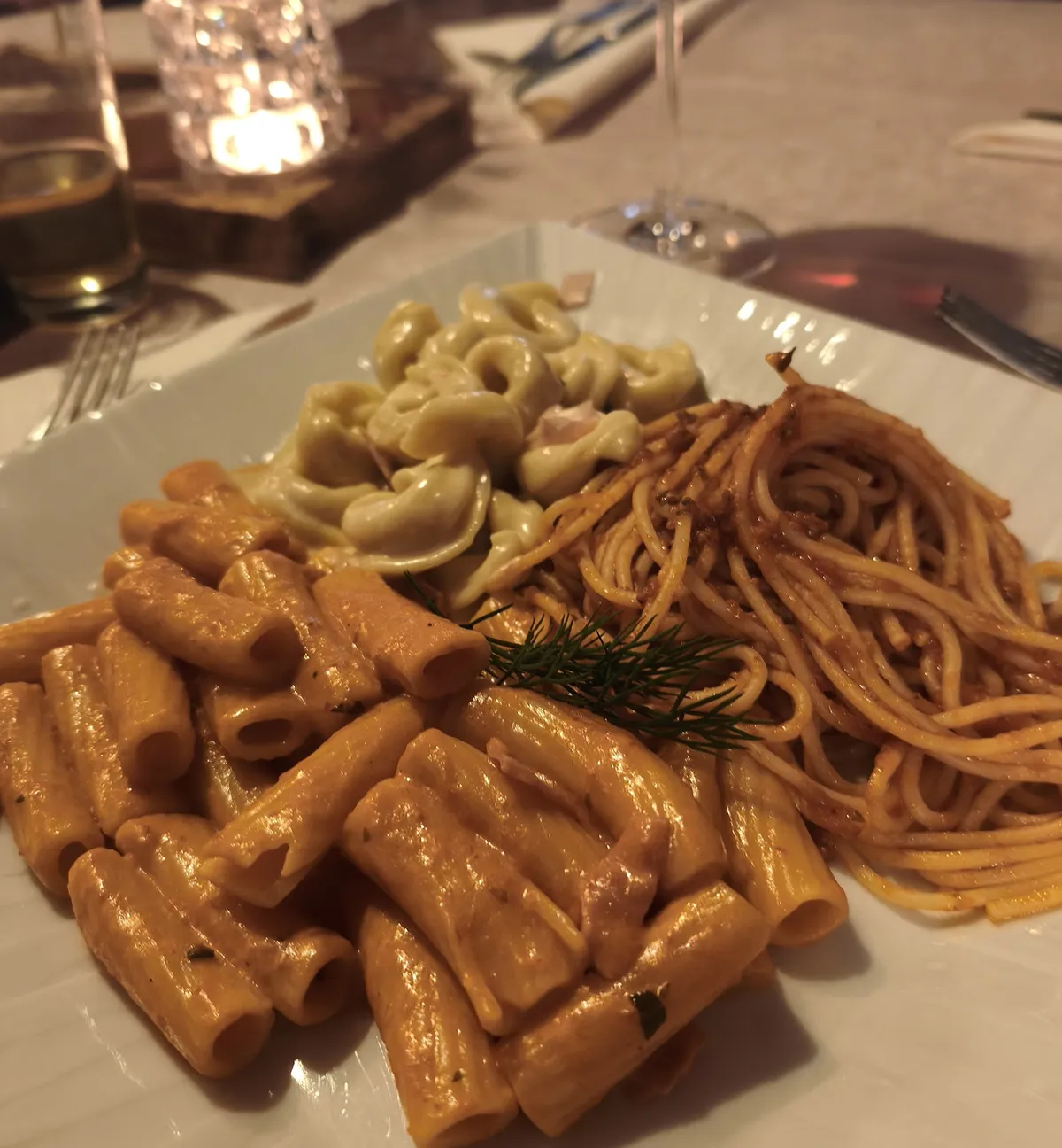 Tris Italia: Rigatoni, Tortellini und Spaghetti auf einem Teller